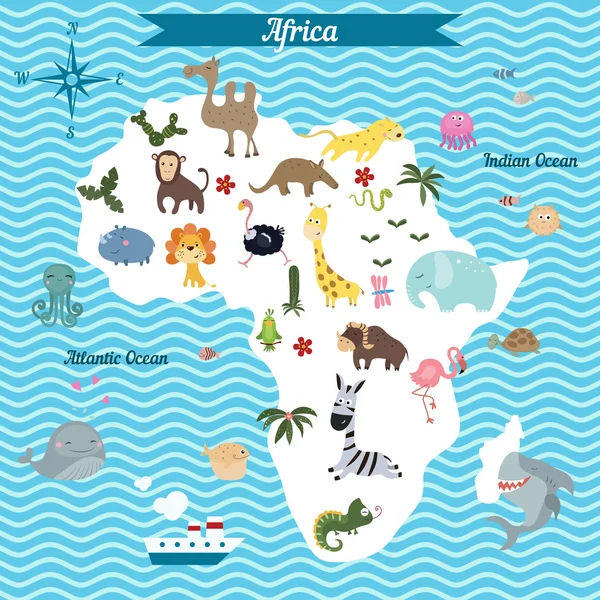 Karikaturenkarte des afrikanischen Kontinents mit verschiedenen Tieren. — Stockvektor