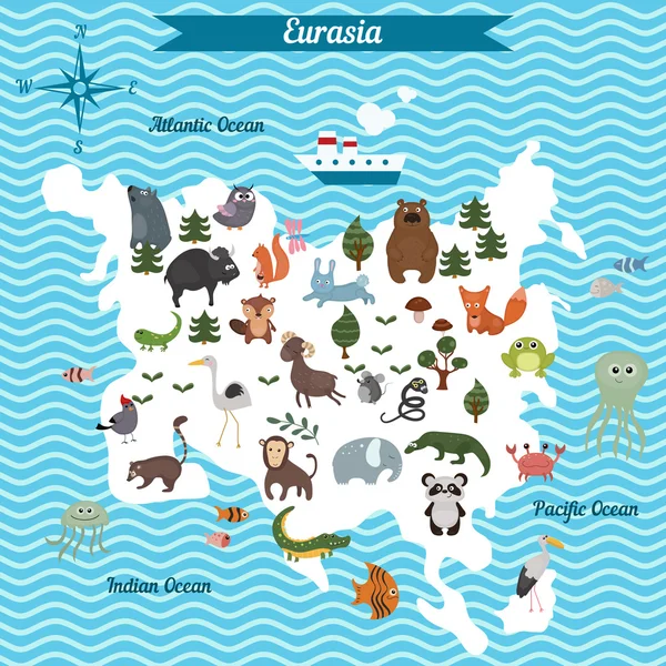 Tecknad karta över Eurasien kontinent med olika djur. — Stock vektor