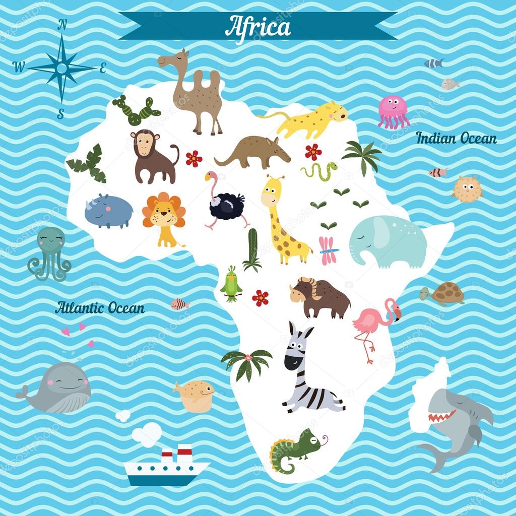 Cartoon map of Africa continent with different animals. — Stock Vector © NinaMunha 123086076