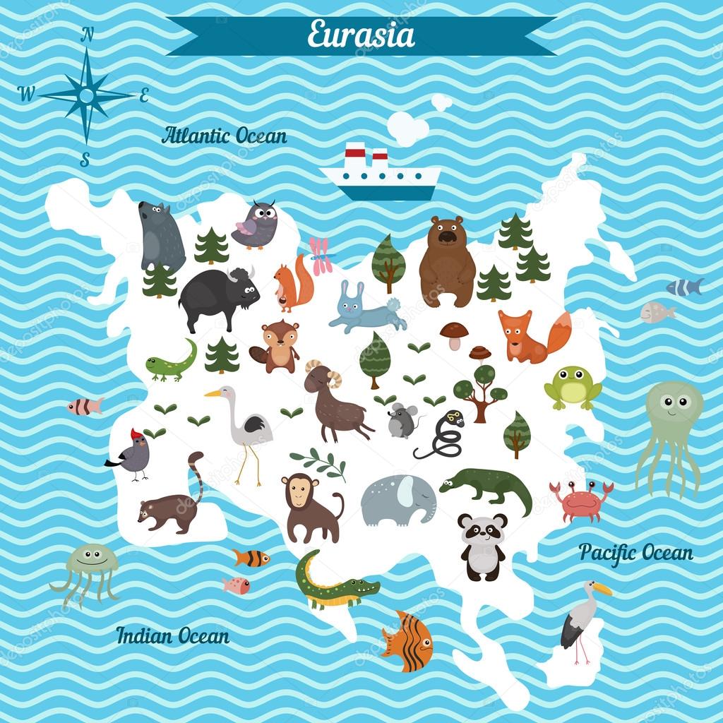 Cartoon map of Eurasia continent with different animals.