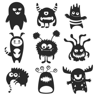 Bir dizi komik canavar silueti.