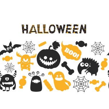 Karikatür, komik canavarlar ve cadılar bayramı sembolleriyle dolu bir arka plan..