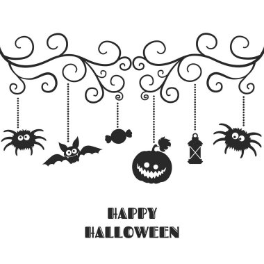 Çizgi filmdeki komik canavar siluetleri ve balkabakları olan şirin kartlar. Mutlu Cadılar Bayramı posteri.