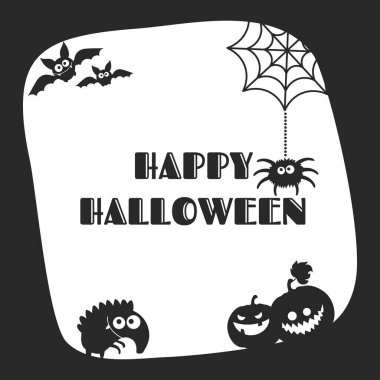 Çizgi filmdeki komik canavar siluetleri ve balkabakları olan şirin kartlar. Mutlu Cadılar Bayramı posteri.