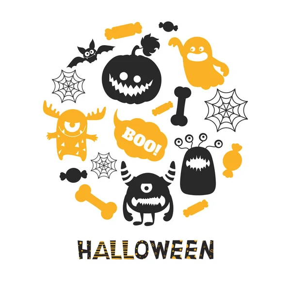 Fondo Con Dibujos Animados Divertidos Monstruos Símbolos Halloween — Archivo Imágenes Vectoriales