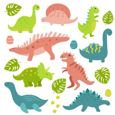 Beyaz arka planda farklı dinozorlar. Vektör illüstrasyonu.