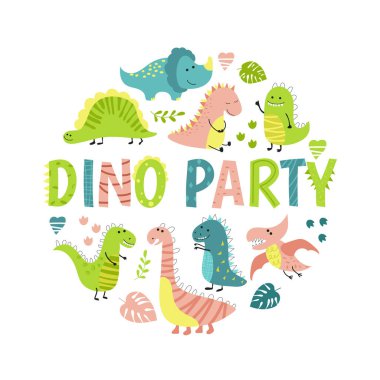 Dinozor partisi için davetiye, doğum günü, çocuk partisi, bebek partisi. Şirin dinozorlarla arka plan.