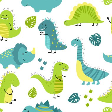 Beyaz arka planda sevimli dinozorlar olan çocuksu, pürüzsüz bir model..