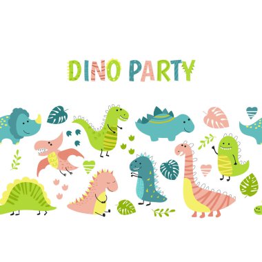 Dinozor partisi için davetiye, doğum günü, çocuk partisi, bebek partisi. Şirin dinozorlarla arka plan.