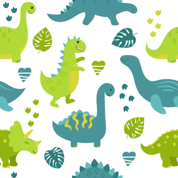 Patrón Infantil Sin Costuras Con Dinosaurios Lindos Sobre Fondo Blanco — Vector de stock