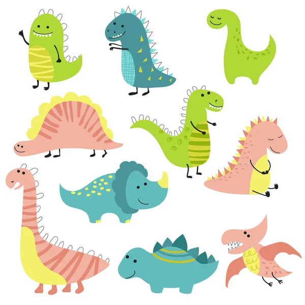 Set Dinosauri Diversi Sfondo Bianco Illustrazione Vettoriale — Vettoriale Stock