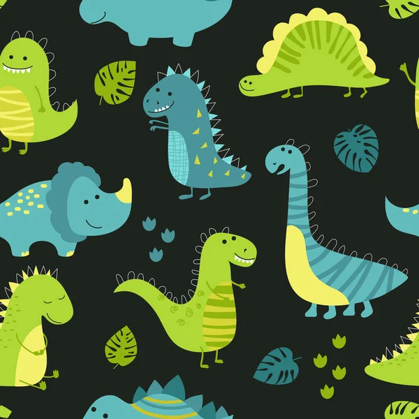 Childish Seamless Pattern Cute Dinosaurs Black Background — Stock Vector