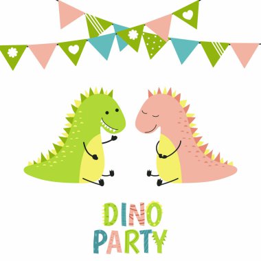 Dinozor partisi için davetiye, doğum günü, çocuk partisi, bebek partisi. Şirin dinozorlarla arka plan.