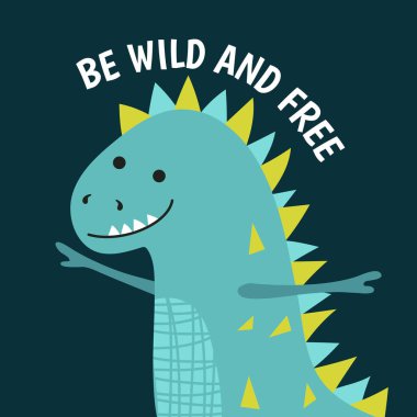 Karikatür dinozorlu tebrik kartı. Vektör illüstrasyonu.