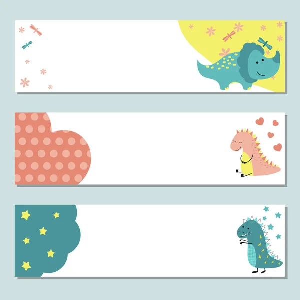 Conjunto Três Bandeiras Horizontais Com Dinossauros Ilustração Vetorial — Vetor de Stock