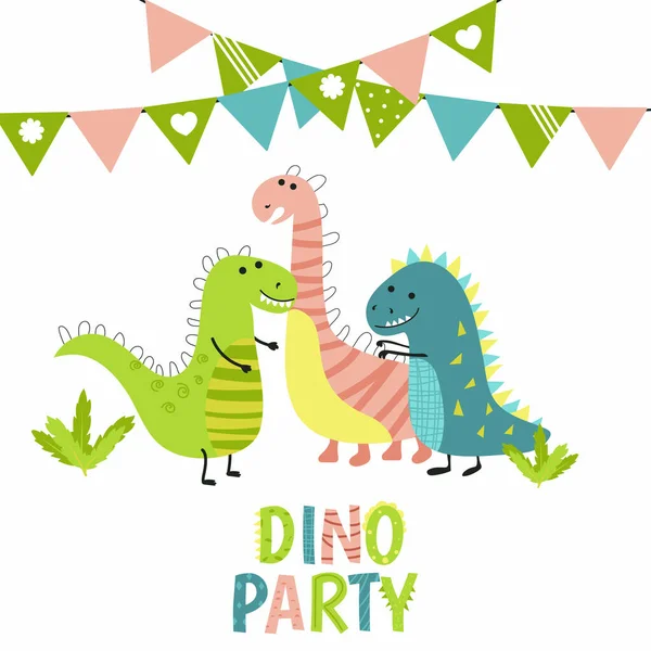 Dinozor partisi için davetiye, doğum günü, çocuk partisi, bebek partisi. Şirin dinozorlarla arka plan.