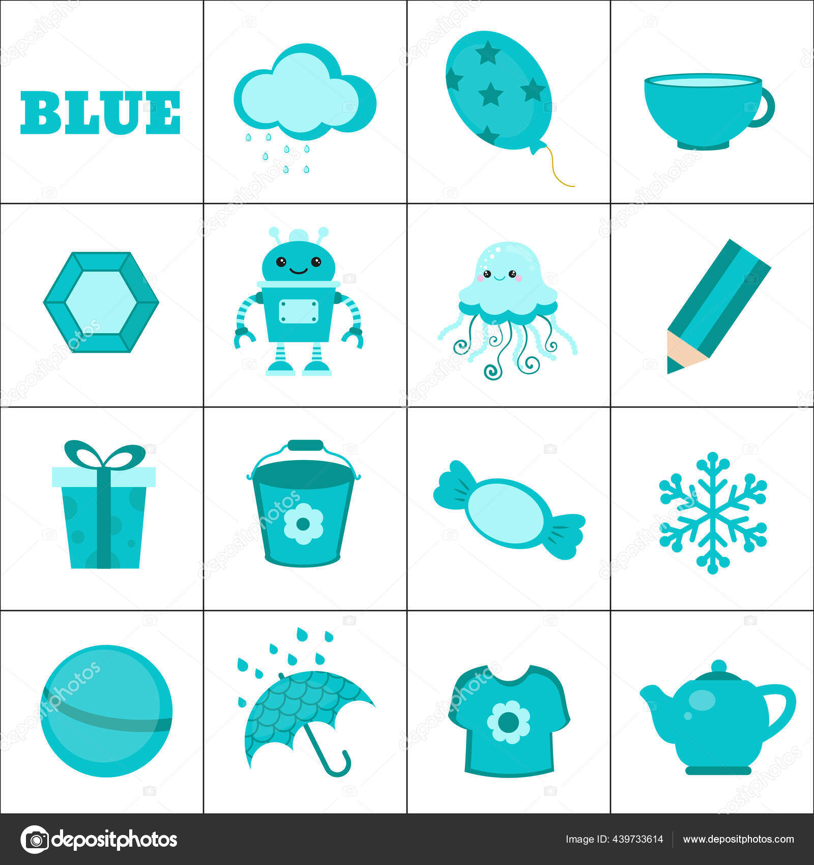 Set Di Oggetti a Colori Blu. Imparare I Colori Per I Bambini. Insieme Di  Elementi Carini Illustrazione Vettoriale - Illustrazione di colori, nube:  272632892