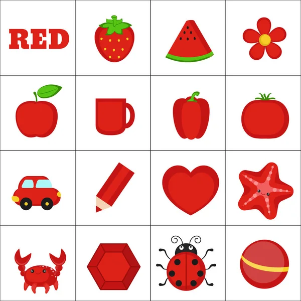 Lernen Sie Die Farbe Rote Objekte Bildung Gesetzt Abbildung Der — Stockvektor