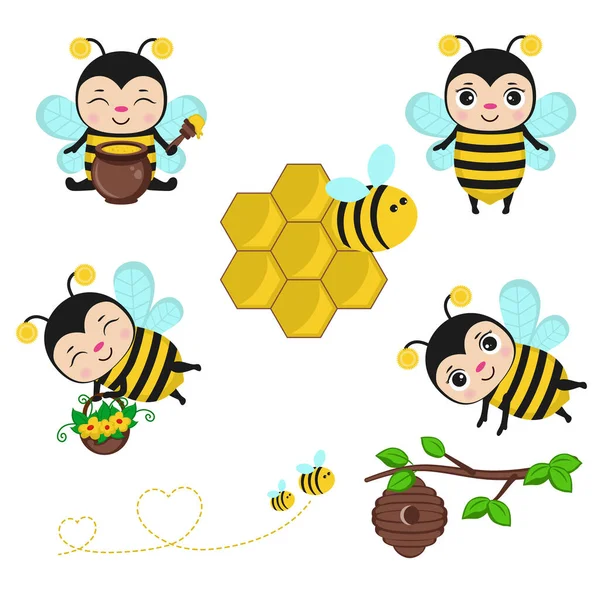 Μέλισσες Χαρακτήρες Σύνολο Μελισσών Μελιού Και Άλλων Απεικονίσεων Μελισσοκομίας — Διανυσματικό Αρχείο