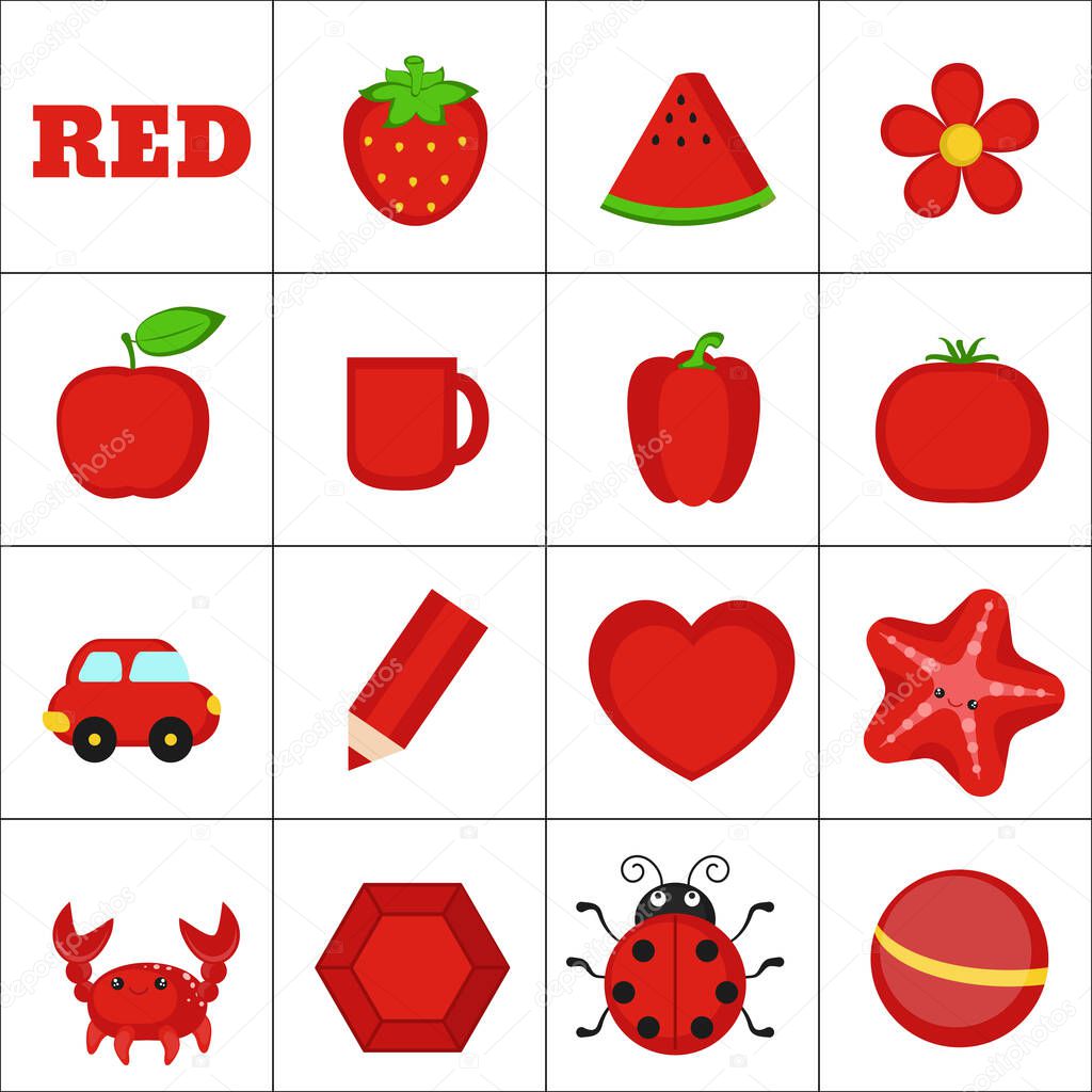 Learn the color. Red objects. Education set. Illustration of primary colors.