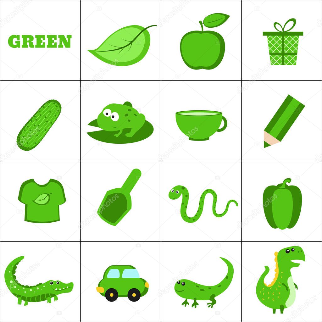 Learn the color. Green objects. Education set. Illustration of primary colors.