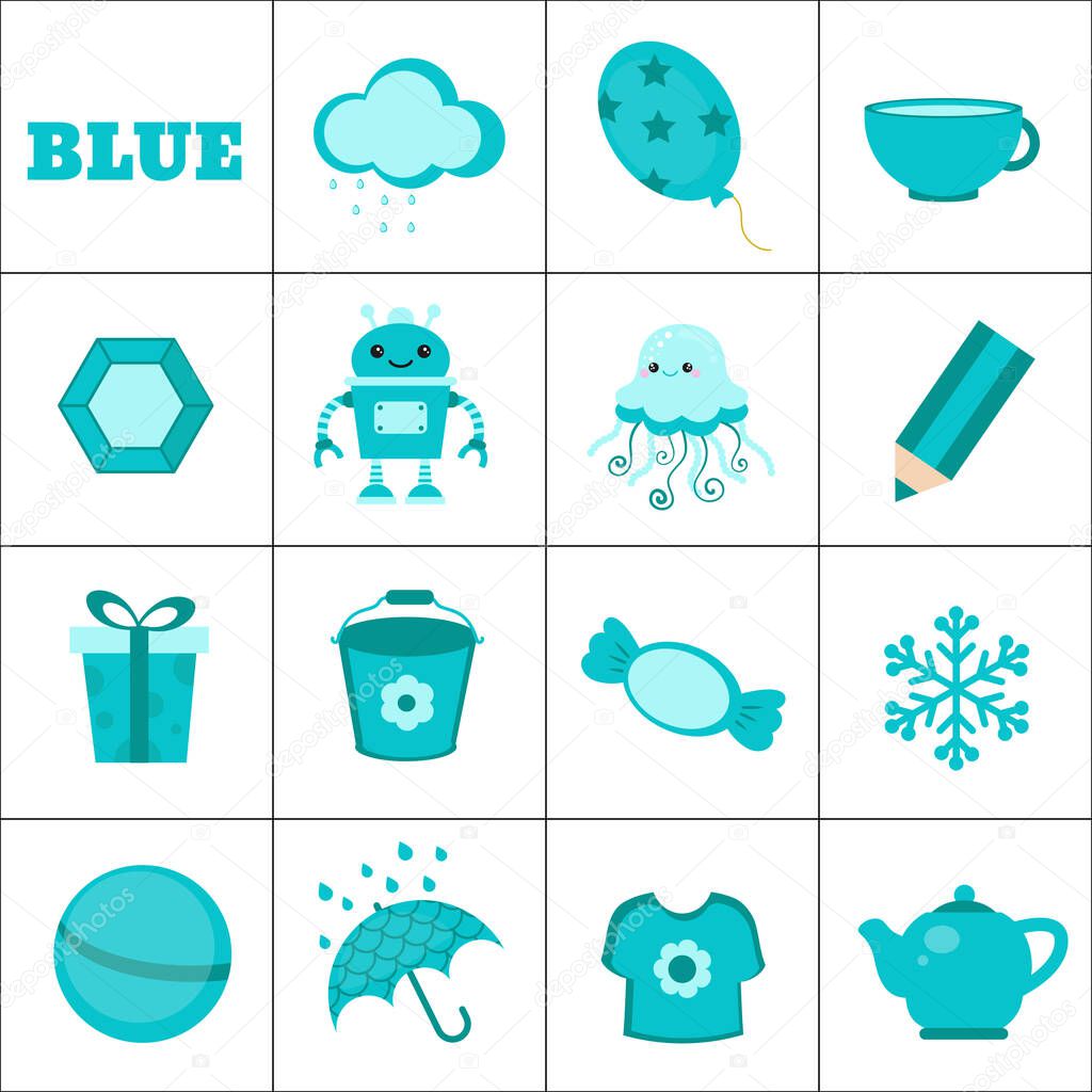 Learn the color. Blue objects. Education set. Illustration of primary colors.
