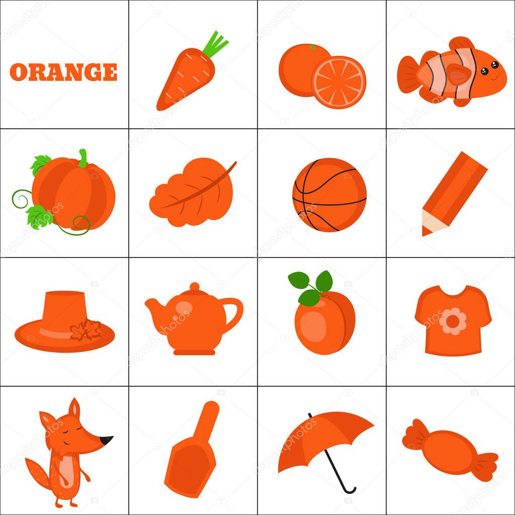 Learn the color. Orange objects. Education set. Illustration of primary colors.