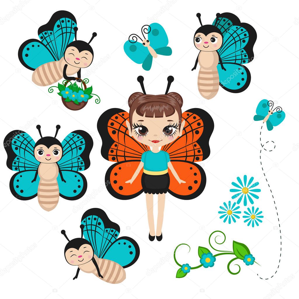 Fairy in butterfly costume with butterfly characters. Vector illustration.