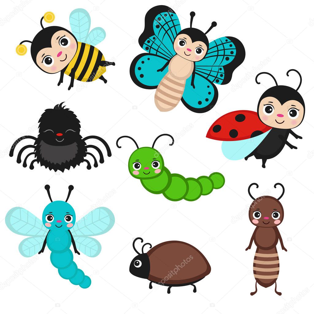 Set of cute cartoon insects isolated on white. Fly bug, cute butterfly and beetle. Funny garden animals. Vector illustration.