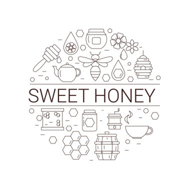 Bal ve arıcılık ikonlarının vektör çizimi. Bal çiftliği objeleri. Eko tatlı organik sağlıklı ürünler.