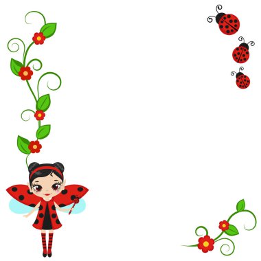 Uğur böceği kostümlü şirin peri kartı. Vektör arkaplanı.