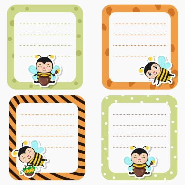 Şirin arı karakterli kart koleksiyonu. Arı kart tasarımı için mutlu. Hediye kartları, el ilanları, posterler vs. için vektör şablonları.