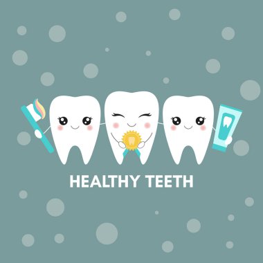 Diş temizleme ve beyazlatma konsepti. Çizgi film karakterleri. Vektör illüstrasyonu.