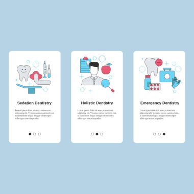 Diş Hizmetleri. Sakinleştirici dişçilik, dişçilik, acil diş hekimliği. Web sitesi, mobil web sitesi, iniş sayfası için vektör şablonu, ui.