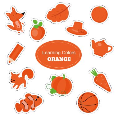 Turuncu nesneler. Renkleri Öğreniyorum. Renk Çalışma Kağıdı. Eğitim ayarlandı. Birincil renklerin gösterimi.