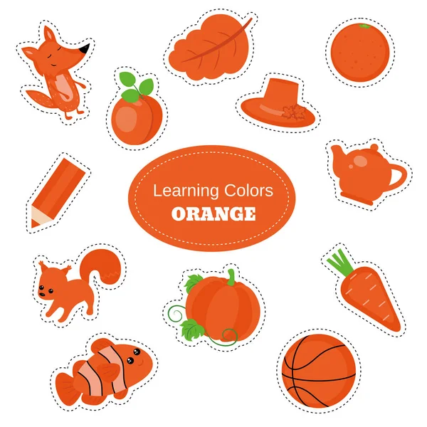 Des Objets Orange Apprendre Les Couleurs Feuille Travail Couleur Ensemble — Image vectorielle