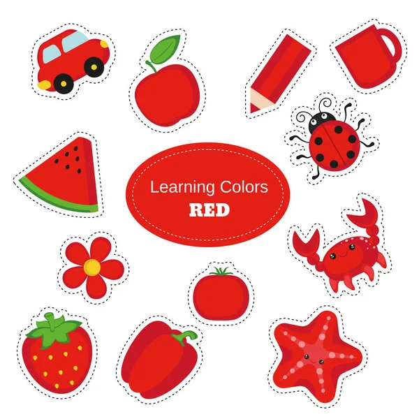 Objetos Rojos Colores Aprendizaje Hoja Trabajo Color Conjunto Educativo Ilustración Vector de stock