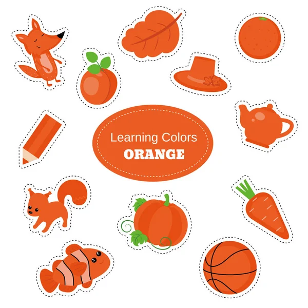 Des Objets Orange Apprendre Les Couleurs Feuille Travail Couleur Ensemble Illustration De Stock