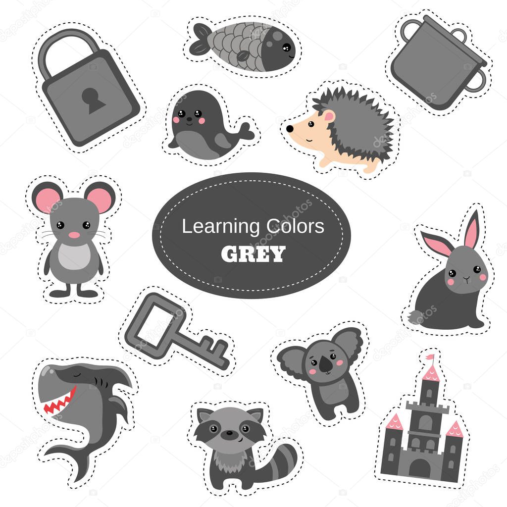 Grey objects. Learning Colors. Color Worksheet. Education set. Illustration of primary colors.