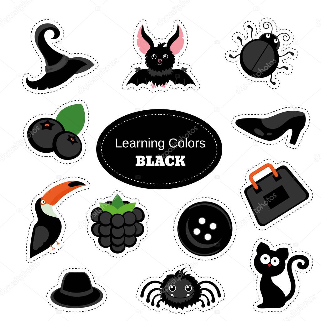 Black objects. Learning Colors. Color Worksheet. Education set. Illustration of primary colors.