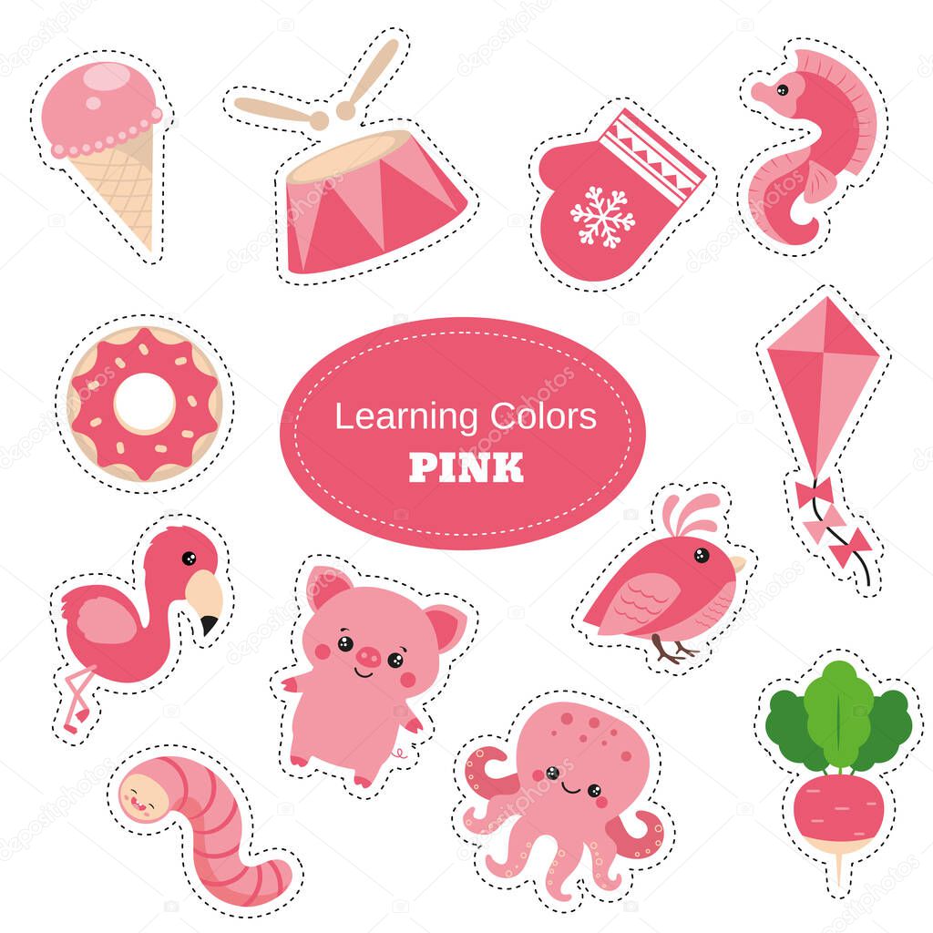 Pink objects. Learning Colors. Color Worksheet. Education set. Illustration of primary colors.