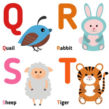 Şirin Hayvanat Bahçesi alfabesi ile vektör. Q, r, s, t. 