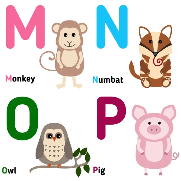 Cute zoo alphabet in vector. M, n, o, p — Stock Vector