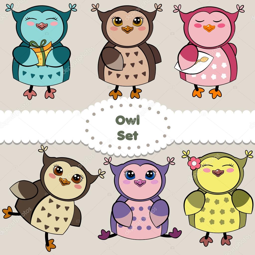Set of funny owls.
