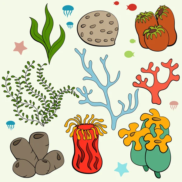 Conjunto de dibujos animados bajo el agua plantas y criaturas . — Vector de stock