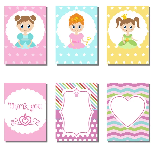 Set of cute creative cards with princess theme design. — Stock Vector