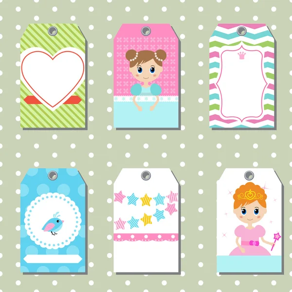 Set of cute creative cards with princess theme design. — Stock Vector