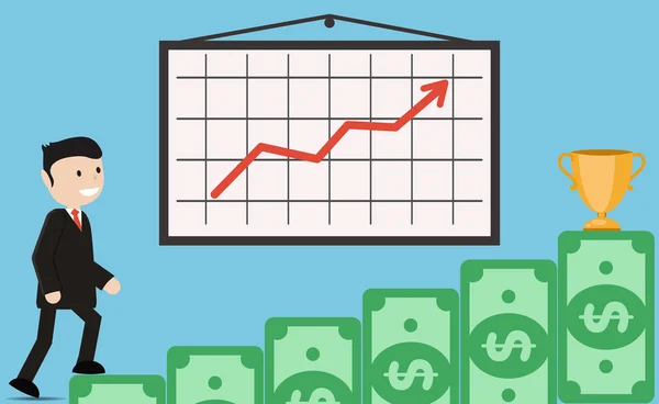 Zakenman omhoog de trappen van bankbiljetten. — Stockvector