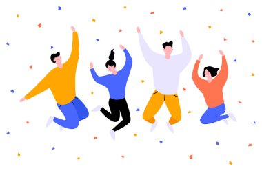 Bir grup mutlu çizgi film insanı doğum günü partisi vektörü düz çiziminde eğleniyor. Beyazların izole edilmiş tatilini kutlayan arkadaş kavramı.