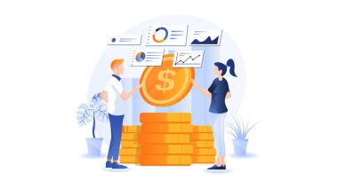 Bilgisayarın yanında finansal analizlerle yürüyen, para banknotlarının üzerinde oturan, makbuz taşıyan küçük insanların olduğu bir sahne. İş analizi kavramı.